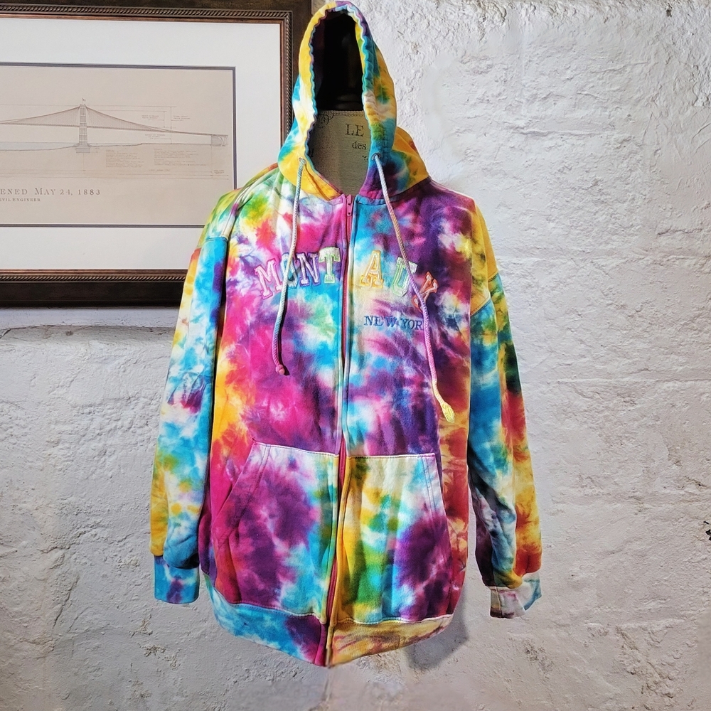VTG Basix of America Full Zip Rainbow Tie Dye Montauk Hoodie